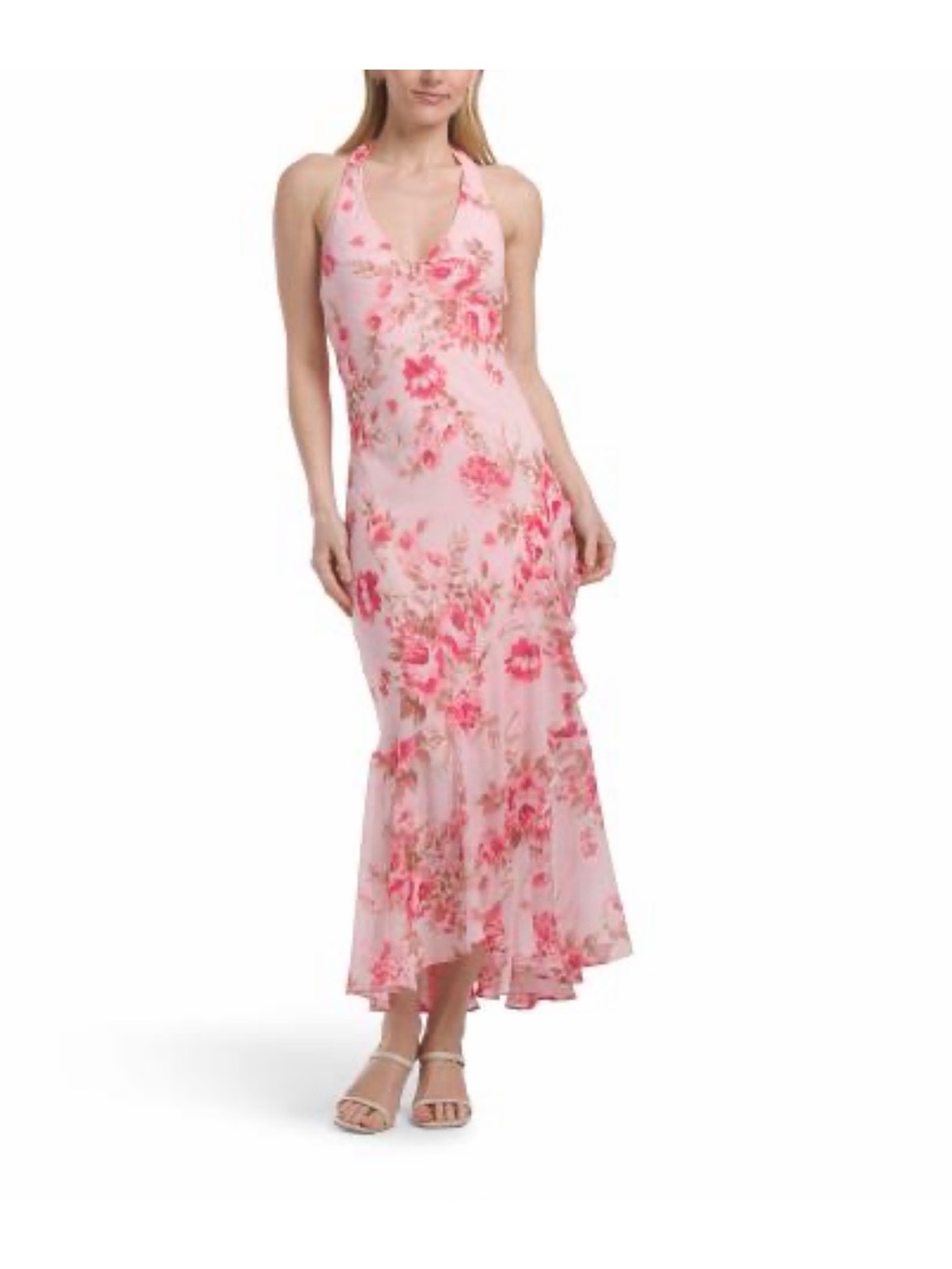 NWT Thirty Thirty Flora Printed V-Neck Chiffon Halter Pull On Maxi Dress Pink S